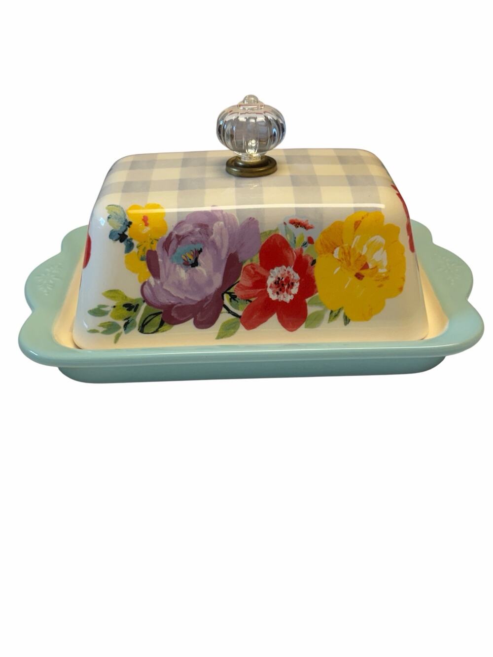 Pioneer Woman Stoneware Butter Dish Floral Gingham Glass Knob Turquoise